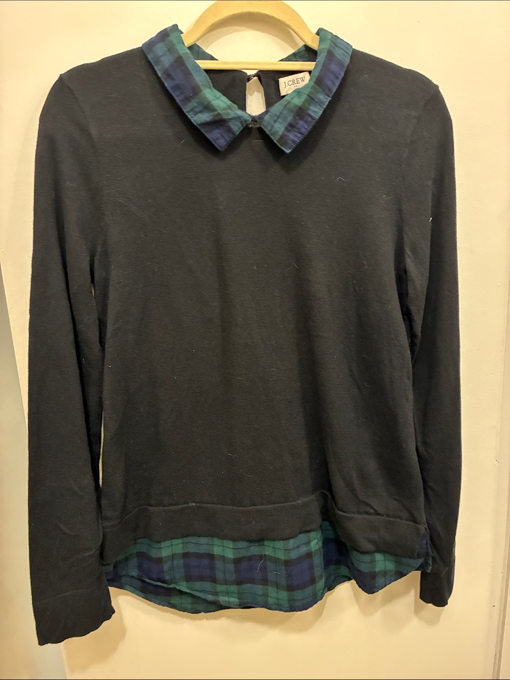 J. Crew Black Sweatshirt with Blackwatch Plaid Collar Dark Academia Preppy